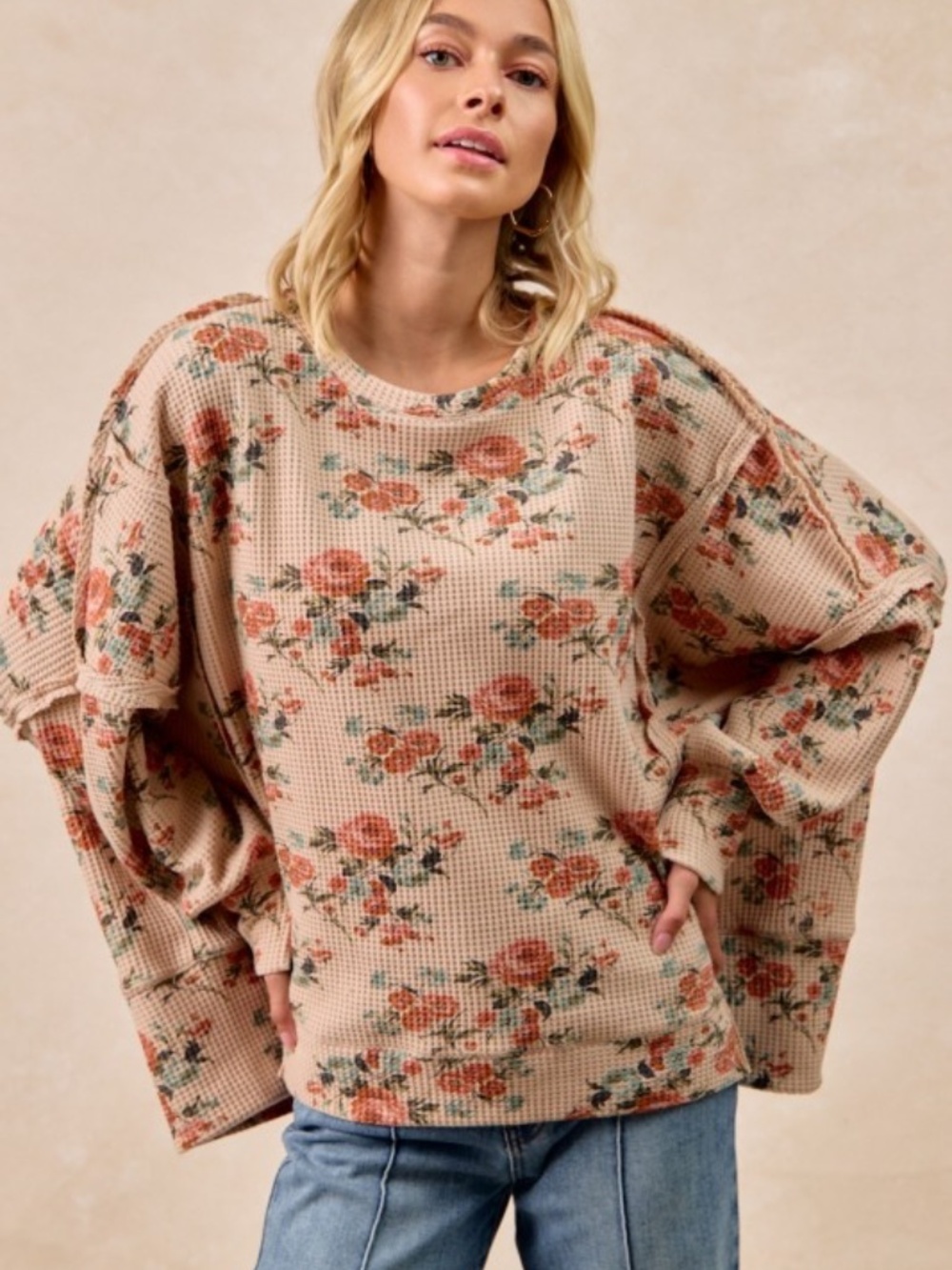 BIBI NWT Floral Waffle Knit Pullover Top Boho Cottagecore IT3426G - Picture 7 of 8